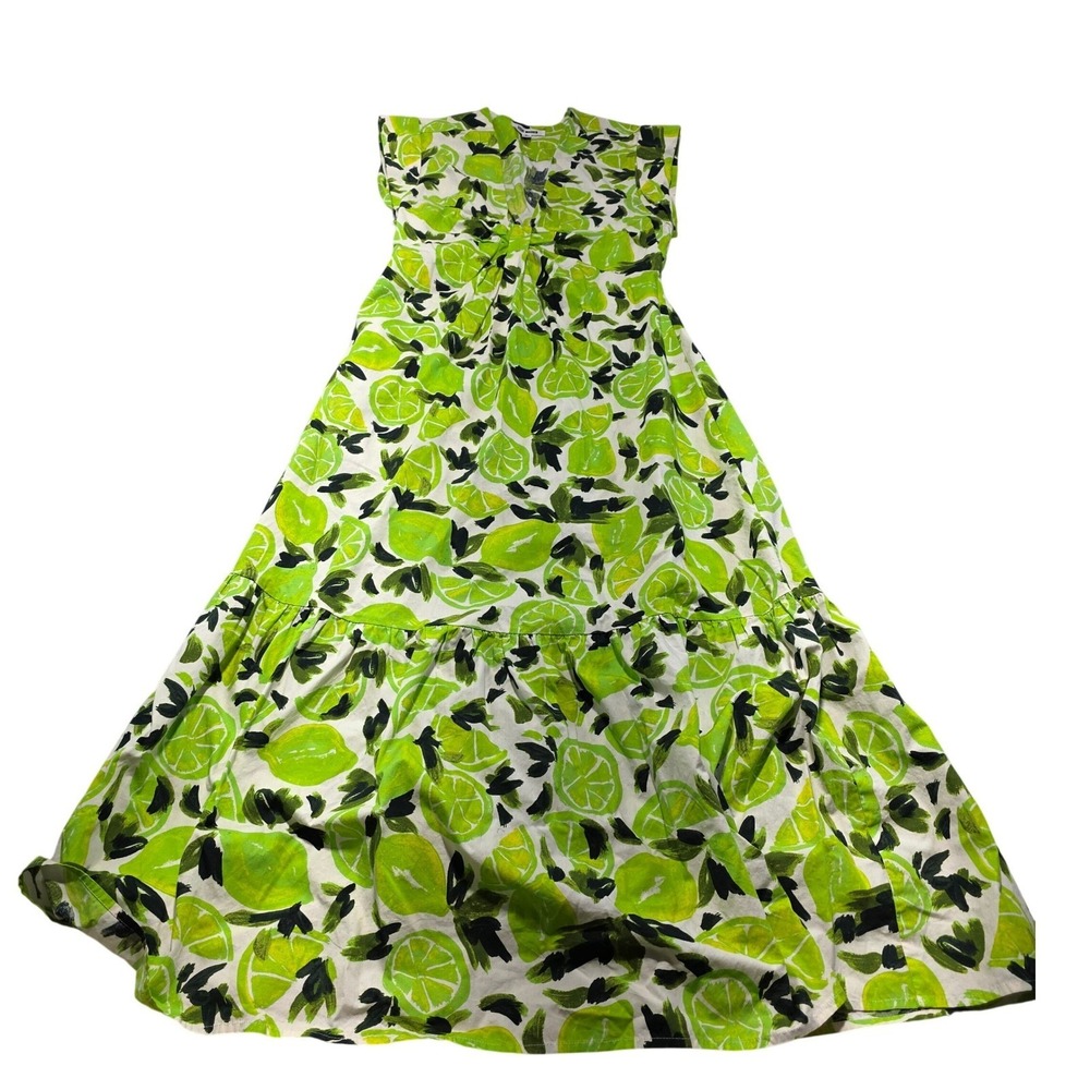 Steve Madden Women Small Green Lime Citrus Print Maxi Dress Tiered Cotton Boho - Picture 2 of 9